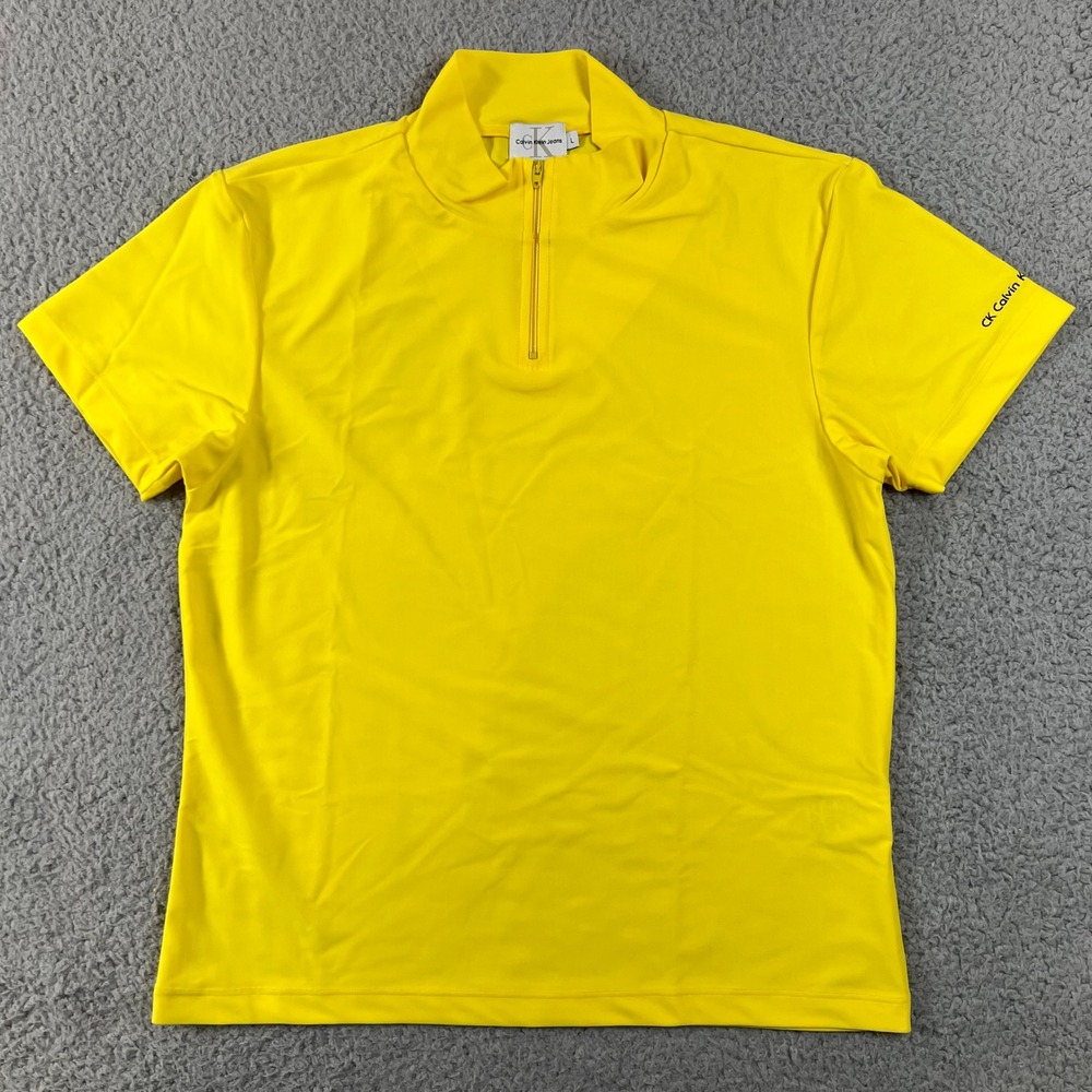Calvin Klein Jeans Half Zip Mock Neck Juniors L Yellow Short Sleeve‎ Stretch Top